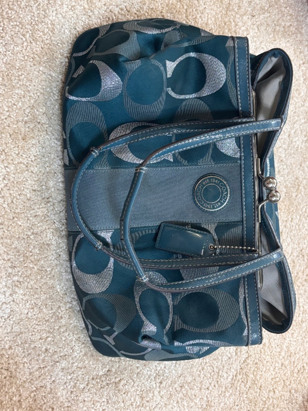 Coach Signature Stripe Framed Tote Blue with Silver Accents with a Kiss Lock